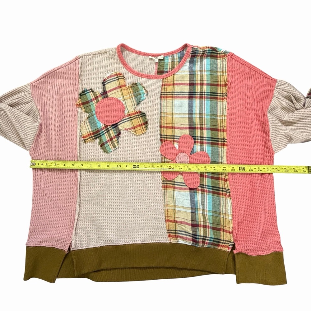 Easel Daisy Waffle Plaid Patchwork Oversized Sweatshirt L Hippie Boho Lagenlook - Picture 7 of 9